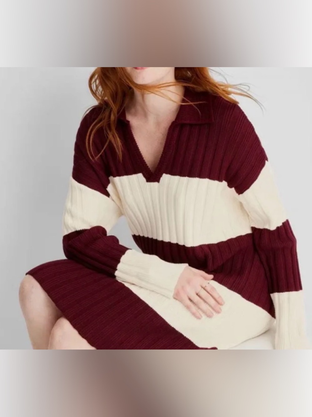 Striped Rib-Knit Collared Sweater Dress - Burgundy & Cream